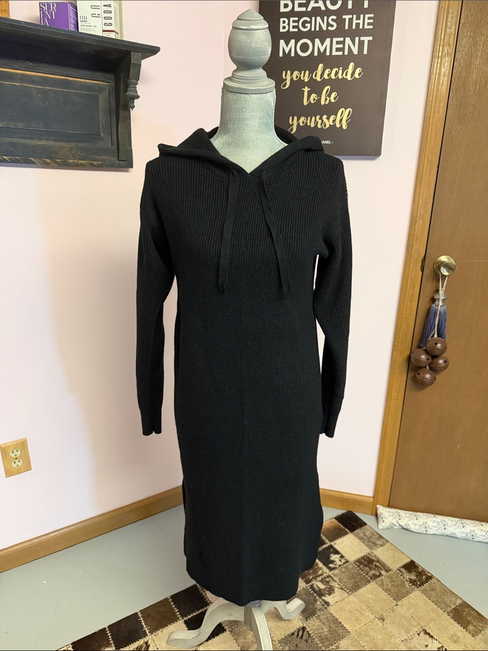Black Hooded Rib-Knit Long Sleeve Dress